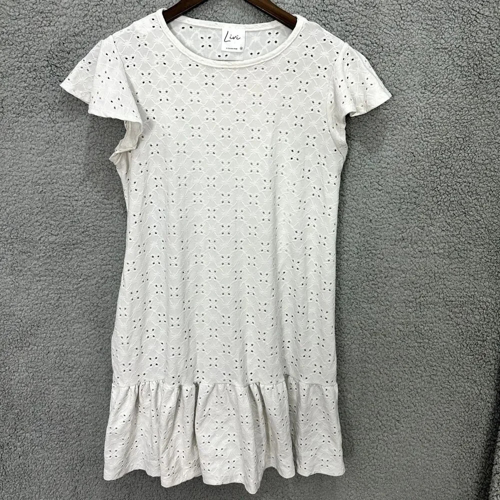 Livi Olivia Rae White Eyelet Dress Womens Medium Short Flutter Sleeve Clean Girl